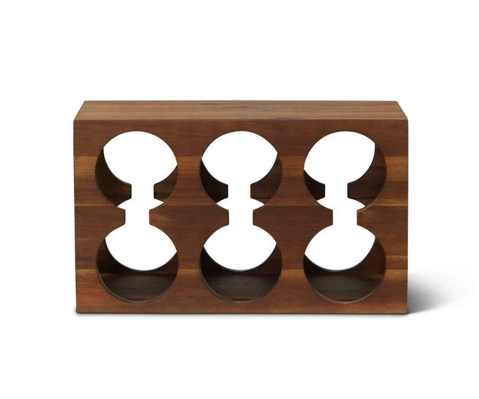 The Wooden Wine Rack features a rectangular design crafted from acacia wood in a rich walnut color, with six circular openings arranged in two rows of three to neatly hold your favorite bottles. Its smooth, dark finish adds an elegant touch, making it a stylish choice for wine storage.