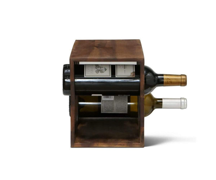 The Wooden Wine Rack, crafted from compact acacia wood, elegantly displays two wine bottles horizontally—showcasing both a dark-labeled and a light-labeled bottle—making it the perfect choice for stylish wine storage against a white background.