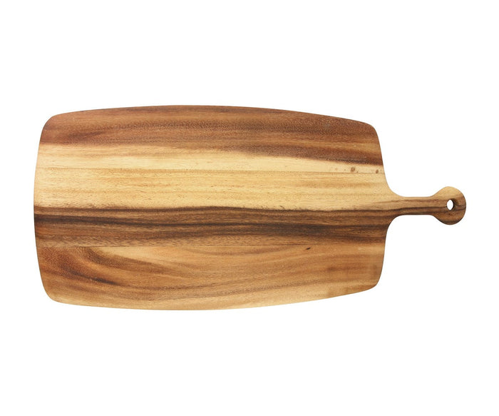 Introducing the Zelma Acacia Charcuterie Board in Natural Acacia—a handcrafted wood cutting board with a convenient handle, rounded edges, and distinctive natural wood grain patterns. Featuring a small hole at the end of the handle and crafted from sustainably sourced acacia, this elegant board combines beauty and practicality for any kitchen or dining space.