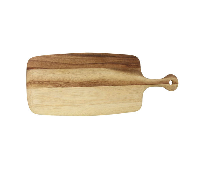 The Zelma Acacia Charcuterie Board, handcrafted from sustainably sourced natural acacia wood and featuring a distinctive rectangular shape with a handle and a hole at the end, showcases beautiful light and dark grain patterns and is displayed on a white background.